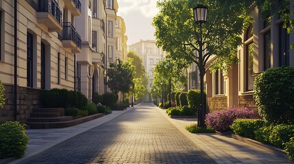 A serene street lined with trees and flowers, showcasing a peaceful urban environment.