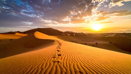 Desert dunes glow at sunset horizon.