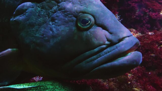 Close up of a grouper fish  head floating slowly underwater beside a reef