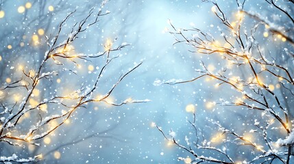Snowy branches adorned with lights in a serene winter landscape.