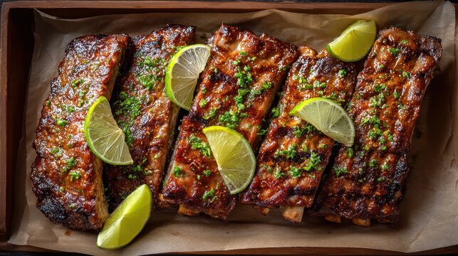 Grilled Riblets with Corn and Lime on Wooden Serving Board