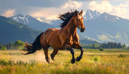 Galloping horse runs across open field.