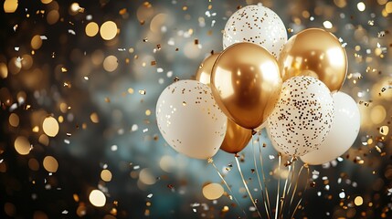 Bunch of Gold and White Balloons with Confetti on Bokeh Background