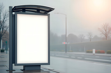 Blank billboard advertisement structure on a misty city street s