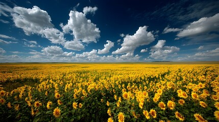 Obraz premium A vast field of bright yellow sunflowers stretches under a blue sky filled with fluffy white clouds above it.