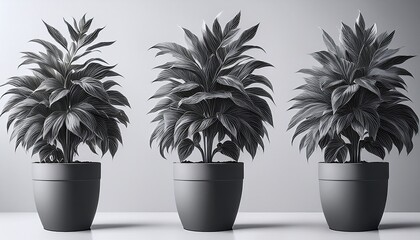 Fototapeta premium Trio Of Potted Ornamental Plants N Foliage Artistry In Monochrome Pots