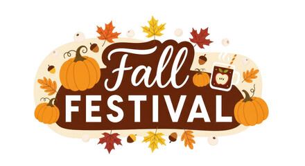 Colorful fall festival banner with pumpkins leaves and warm beverage iconography