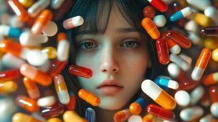 Young Woman Surrounded by Colorful Pills, Medical Concept