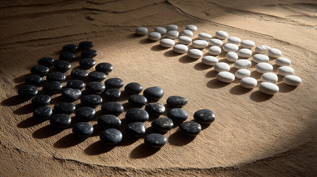 Black and white Go stones arranged on a wooden board, symbolizing the strategic concepts of 'The Art of War'.