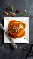 Stacked pancakes drenched in caramel sauce, topped with walnuts and herbs