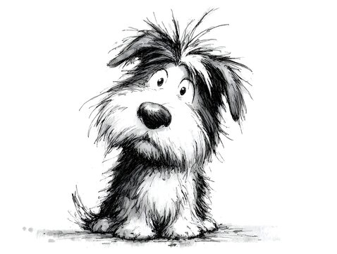 A charming cartoon dog with shaggy fur and big eyes sits attentively on a white background looking forward.