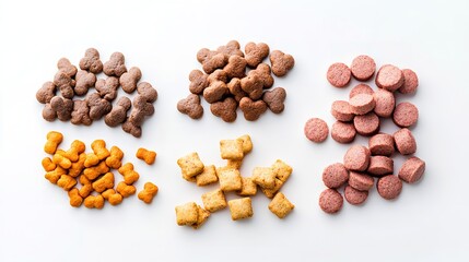 Assorted dog food and treats on white background  
