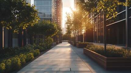 A serene urban pathway lined with trees, basking in warm sunlight.