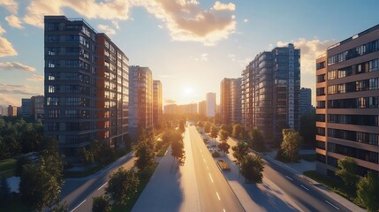 Urban landscape at sunset with modern buildings and a tree-lined street.