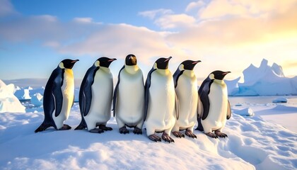Obraz premium Penguins stand together at the snowy sea