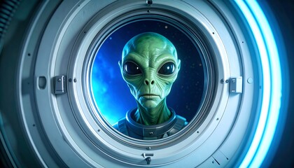 Green alien stares out spaceship porthole at stars