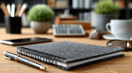 A close up of a notebook with pen on a wooden desk along with office supplies and a coffee cup.