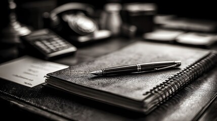 Fototapeta premium An antique desk scene showcases a pen on a journal with a vintage calculator in a monochromatic setting.
