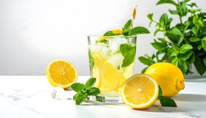 Fototapeta premium Refreshing lemon ice water, mint, summer