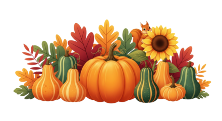 Vibrant autumn harvest display featuring pumpkins gourds and fall foliage with a small squirrel