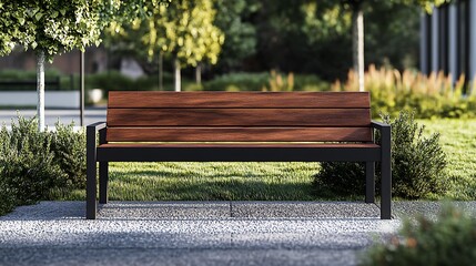 A modern wooden bench in a landscaped park setting, inviting relaxation and contemplation.