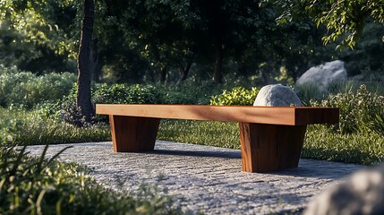 A modern wooden bench in a serene park setting surrounded by greenery.