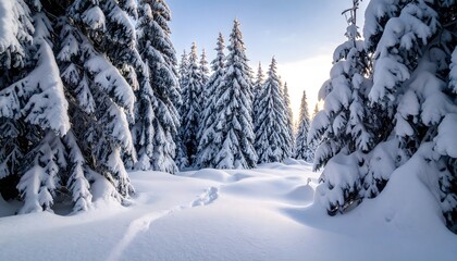 Obraz premium Snow-covered trees bask in sunlit winter