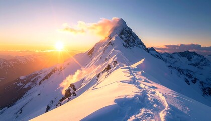 Snowy mountain peak in the sun's glow