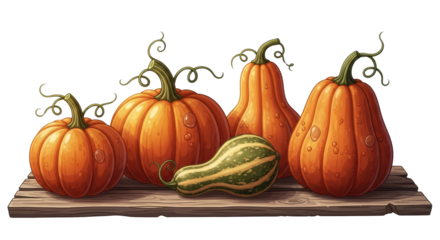 Vibrant collection of pumpkins and gourd displayed on rustic wooden surface