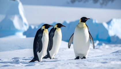 Obraz premium Three penguins stand on snow, Antarctica
