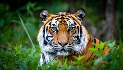 Obraz premium Tiger rests in jungle, serene portrait
