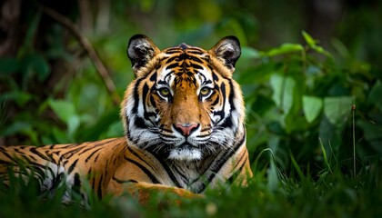 Obraz premium Tiger rests amongst lush green foliage