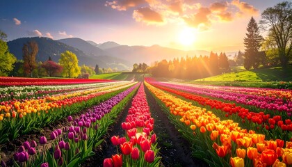 Fototapeta premium Vibrant tulip fields under sunrise glow.