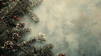 A winter-themed background featuring pine branches, cones, and a textured surface.