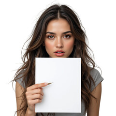 Young woman with long brown hair holding a blank white paper pointing with a pencil