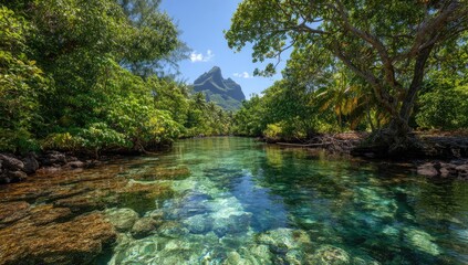 A tranquil tropical river winds through lush vegetation, reflecting a vibrant sky and a distant mountain peak.