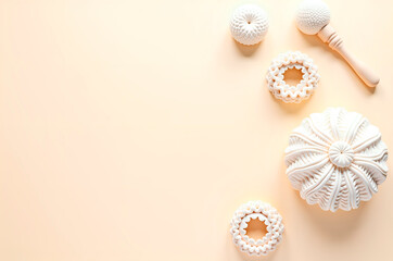 Intricate White Dessert Pastries Arrangement on Light Beige Back