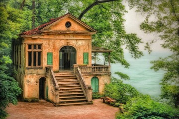 Rustic, light beige pavilion, overlooking misty lake