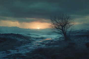 A serene landscape at dusk with a solitary tree and misty surroundings.