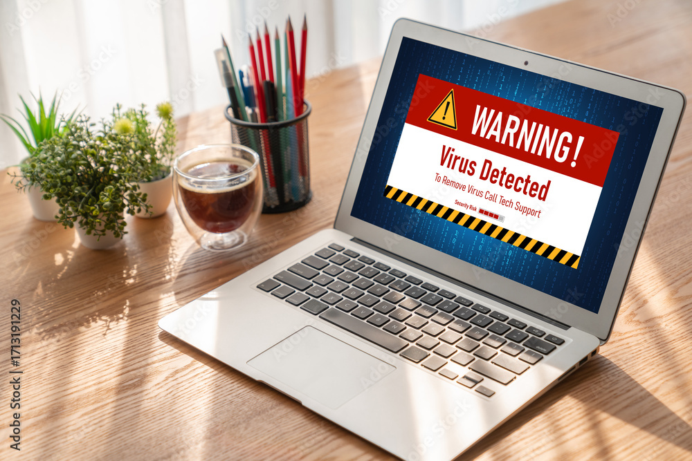 Poster virus warning alert on computer screen detected modish cyber threat , hacker, computer virus and mal