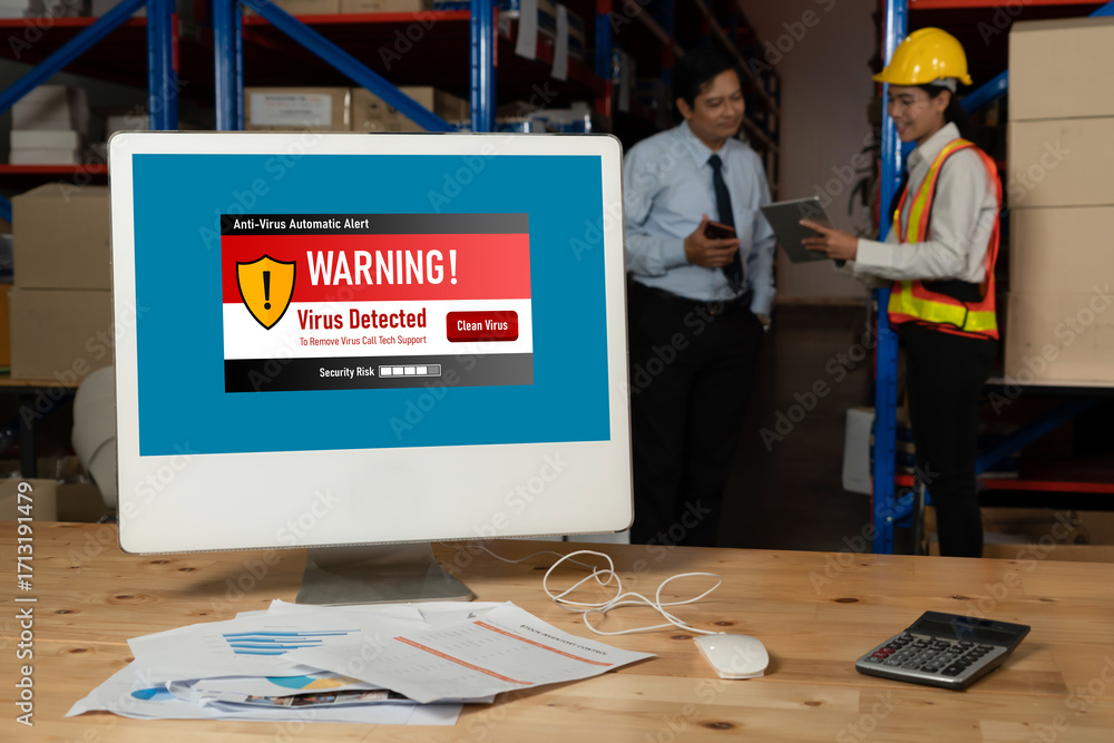 Poster virus warning alert on computer screen detected modish cyber threat , hacker, computer virus and mal