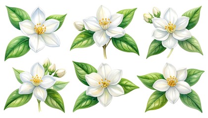 Obraz premium Six detailed illustrations of jasmine flowers, leaves, and buds, arranged in a grid pattern against a white background, showcasing vibrant colors and delicate botanical design.
