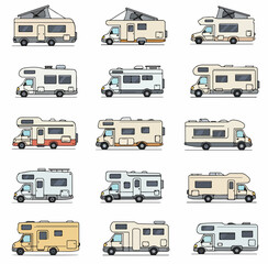 Collection of diverse cartoon motorhomes and recreational vehicles, illustrated in a clean line-art style, perfect for travel, adventure, and camping concepts.
