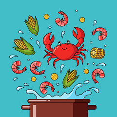 Cartoon illustration of a seafood boil with crab, shrimp, corn, and lemon.