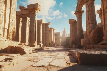 Ancient ruins with towering columns and inscriptions under a bright sky.