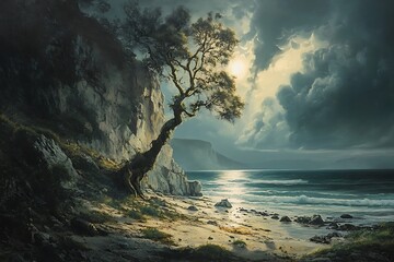 A serene coastal landscape featuring a lone tree, cliffs, and a dramatic sky.