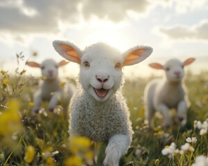 Obraz premium Three playful lambs frolic through a sunlit meadow filled with wildflowers, radiating joy and innocence.