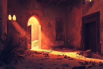 A sunlit, abandoned room with an open door, revealing a dusty, serene atmosphere.
