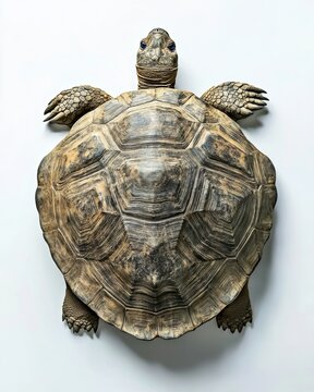 A detailed overhead view of a tortoise showcasing its textured shell and limbs against a plain background.