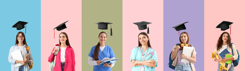 Set of students with flying graduation hats on color background